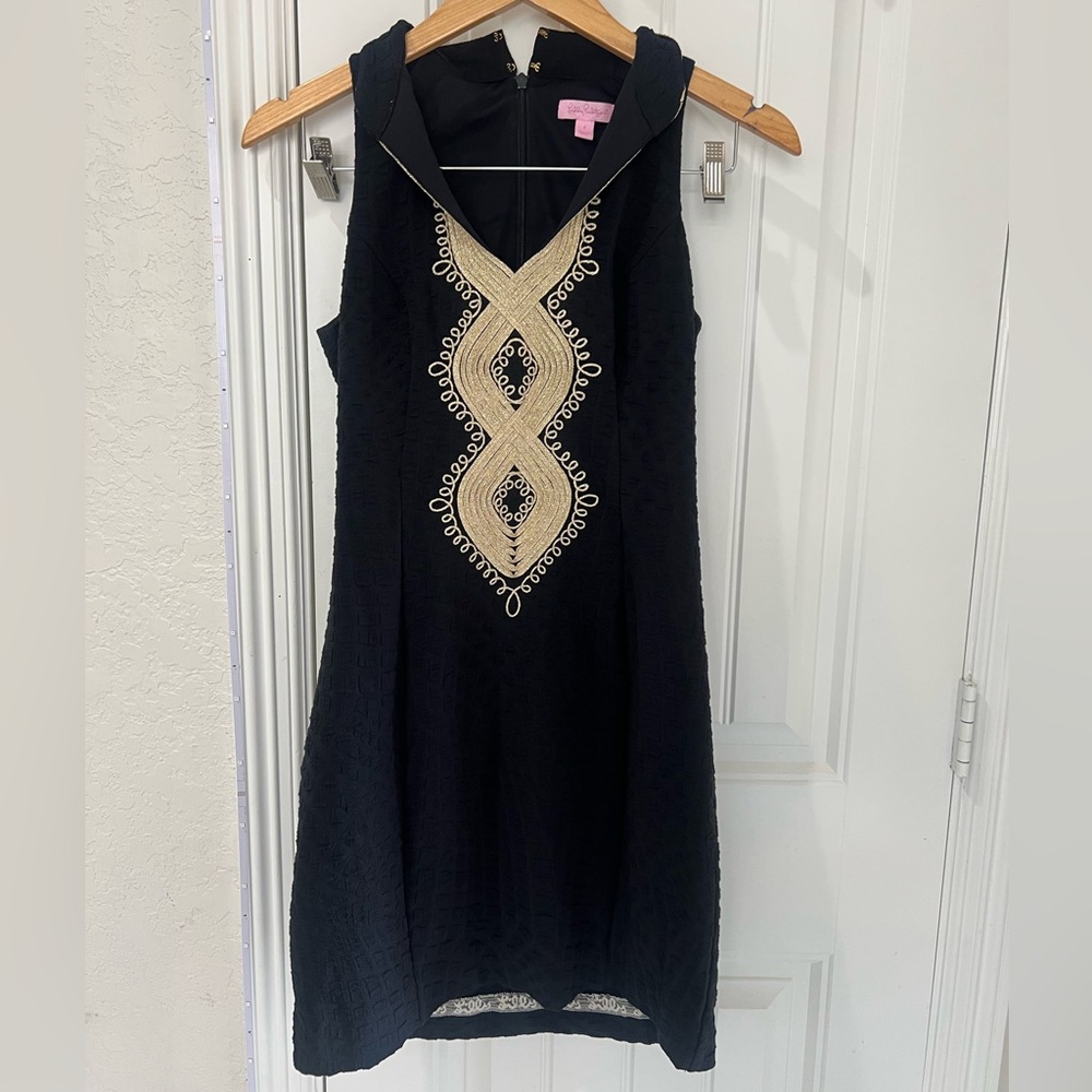Lilly Pulitzer Black Textured Dress with Gold Embroidery - Size 2